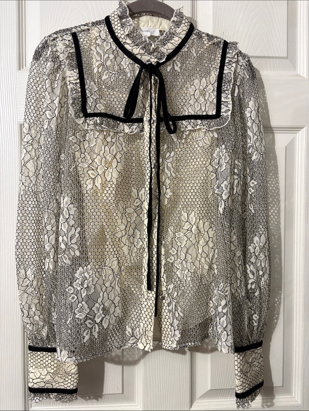 Ivory Sheer Floral Lace Blouse with Black Trim and Bow